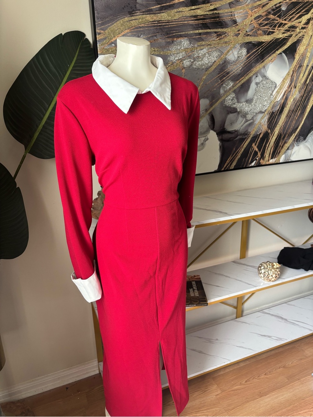 Classic Red Long-Sleeve Dress with White Collar